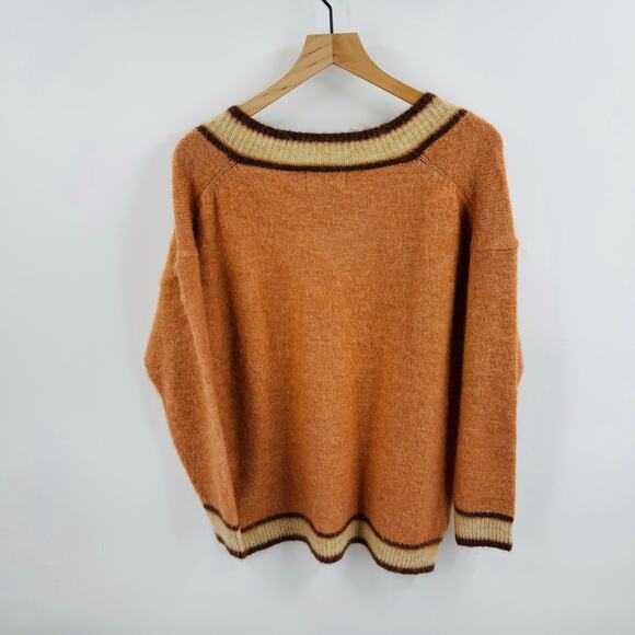 Rita Ora x Primark Tan V-Neck Striped Trim Fuzzy Knit Sweater Size Small - Picture 2 of 7